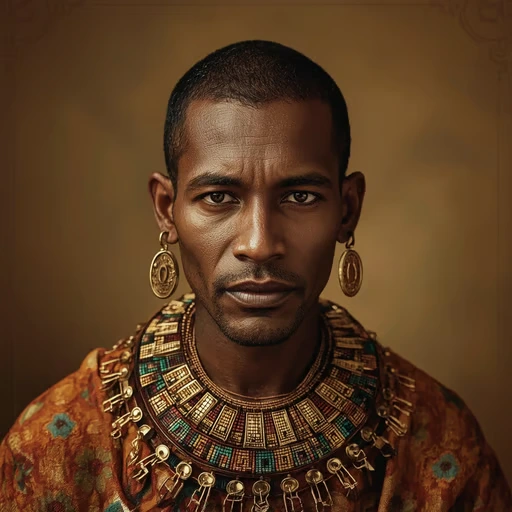 A powerful and regal man with dark skin, wearing ancient African or Egyptian-inspired ceremonial attire. He has short...