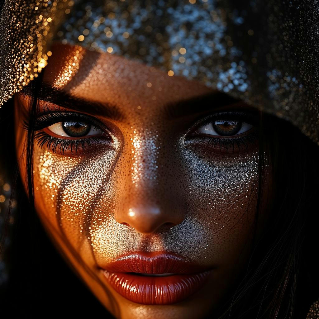 A hyperrealistic portrait of a mysterious woman with metallic glitter makeup on her face, intense sharp eyes, and glo...
