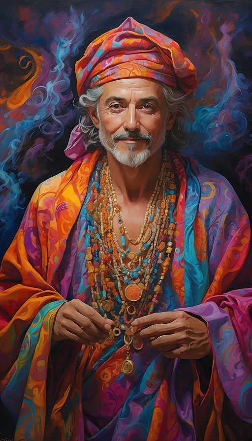 A whimsical enchanter with a mischievous grin, his eyes twinkling with arcane knowledge and secrets. The main subject...
