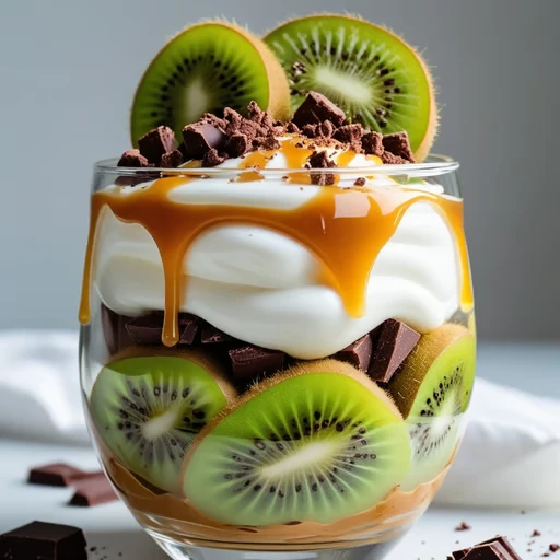 A vibrant and colorful kiwi parfait in a clear glass, layered with a generous helping of creamy white yogurt, a drizz...