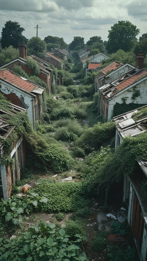 An overgrown neighborhood from the 1990s long forgotten and left to decay, evoking a slight feeling of sadness and a ...