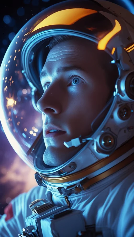 The astronauts eyes widen in disbelief, frozen as a strange cosmic light dances before him. His breath catches. This ...