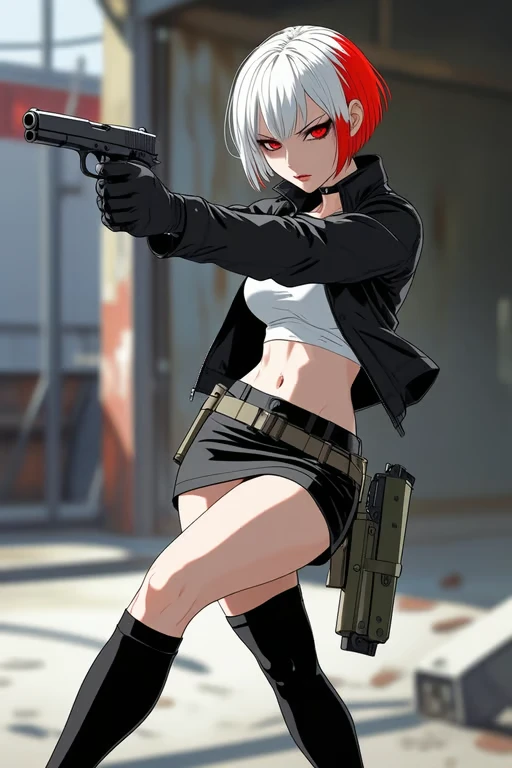 A short-statured anime-style female fighter character with pale white skin, short red hair, and vivid red eyes. She w...