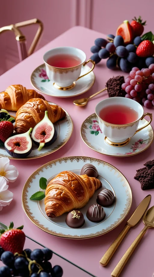 luxurious breakfast scene on a soft pink background: two elegant porcelain cups of tea on fine saucers, golden-brown ...