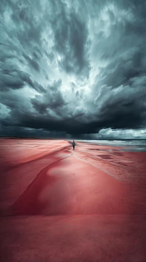 A lone figure walks on a surreal, blood-red beach under a massive, stormy sky. The clouds are dark and swirling with ...