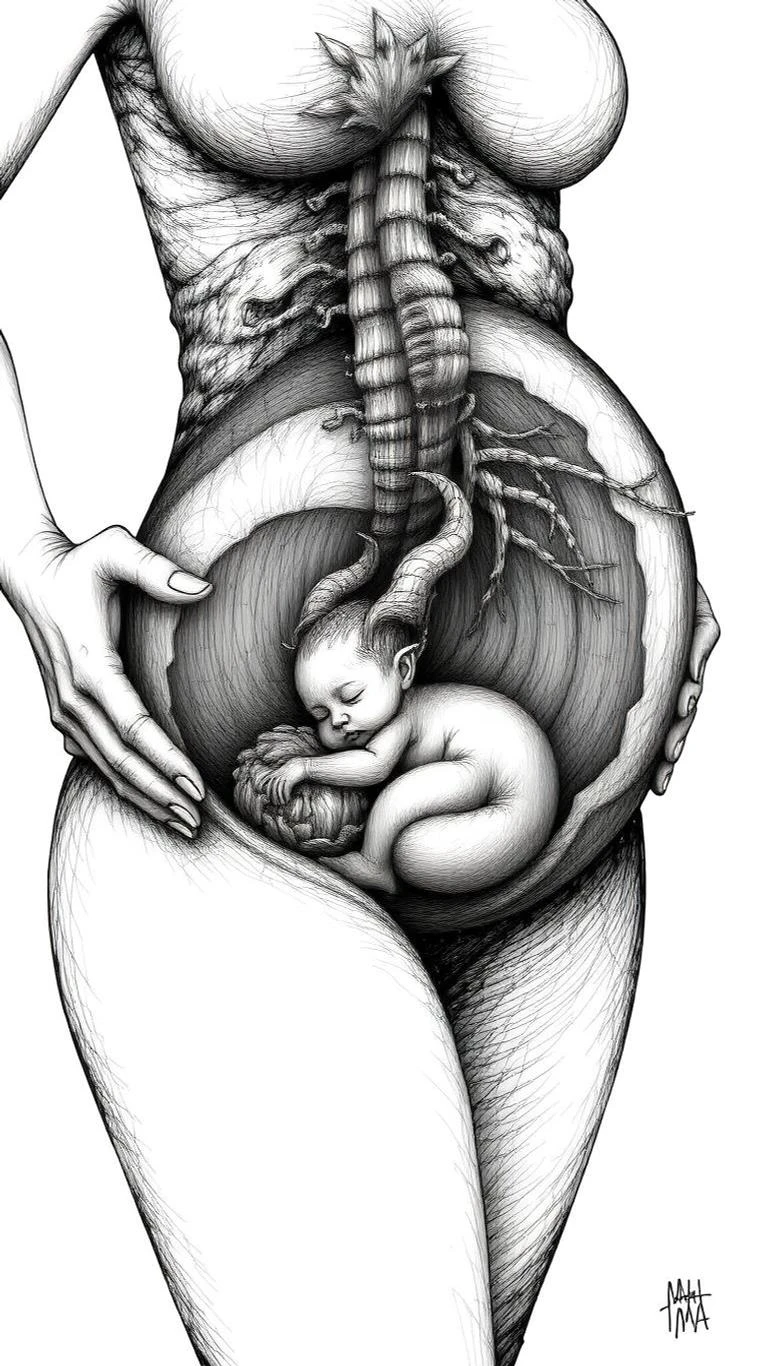 A surreal black and white ink drawing of a pregnant woman with her womb opened like a seed or fruit. Inside, a curled...