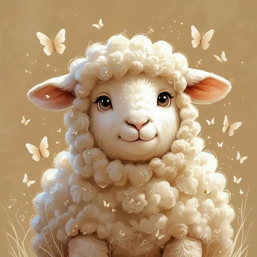 A cute fluffy baby lamb sitting peacefully on a soft meadow, surrounded by delicate white butterflies gently flying a...